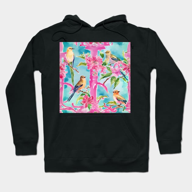 Pink and turquoise preppy birds on trellis watercolor Hoodie by SophieClimaArt